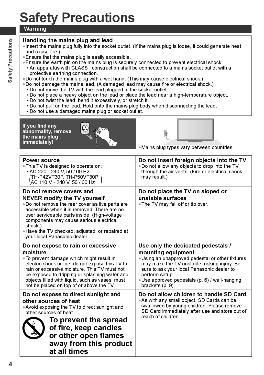 Panasonic TH-P50VT30P, TH-P50VT30T, TQB4TC0095, TH-P50VT30V, TH-P42VT30P Safety Precautions, Handling the mains plug and lead 