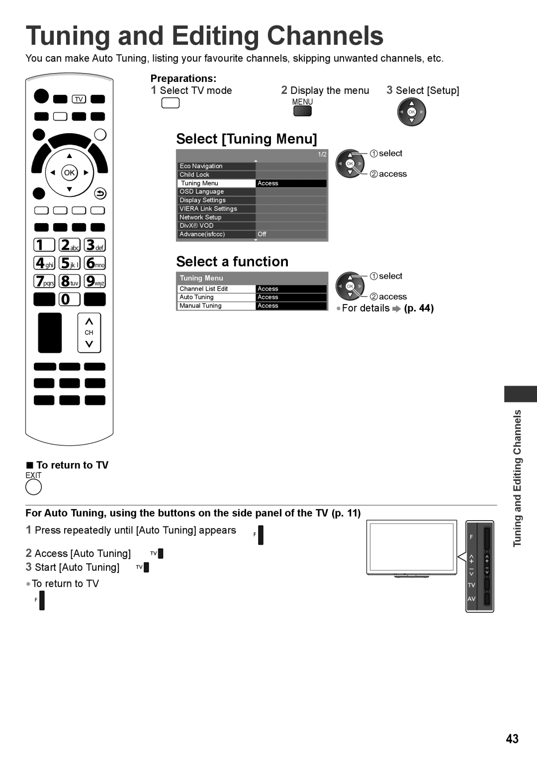 Panasonic TH-P50VT30M TH-P42VT30V Tuning and Editing Channels, Select Tuning Menu 1/2, Select a function, Preparations 