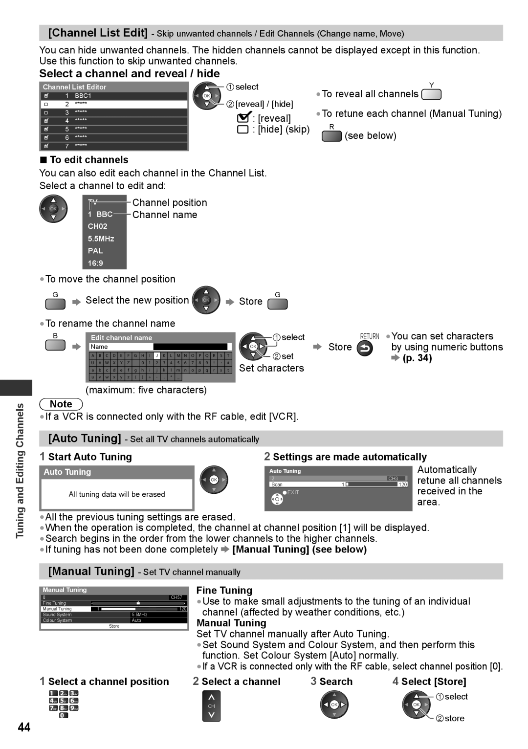 Panasonic TH-P50VT30T Select a channel and reveal / hide, To edit channels, Fine Tuning, Select a channel position Search 