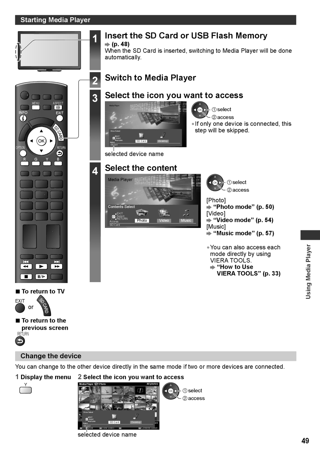 Panasonic TH-P50VT30K Insert the SD Card or USB Flash Memory, Switch to Media Player Select the icon you want to access 