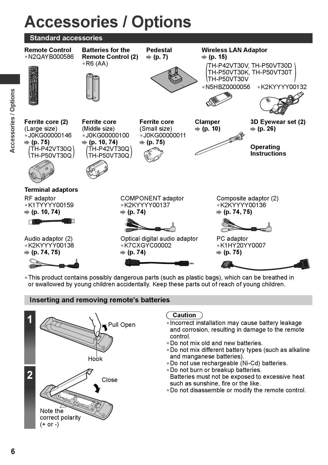 Panasonic TH-P50VT30D, TH-P50VT30T Accessories / Options, Standard accessories, Inserting and removing remote’s batteries 