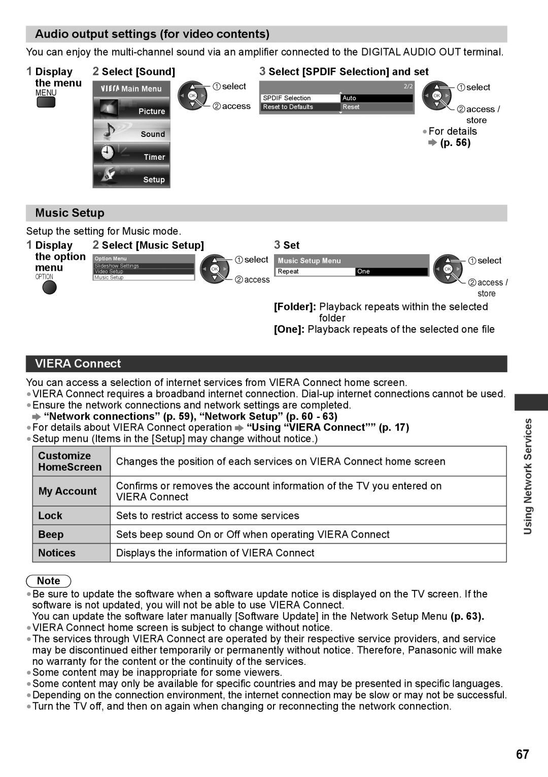 Panasonic TQB4TC0095, TH-P50VT30T, TH-P50VT30V, TH-P42VT30P Audio output settings for video contents, Viera Connect 