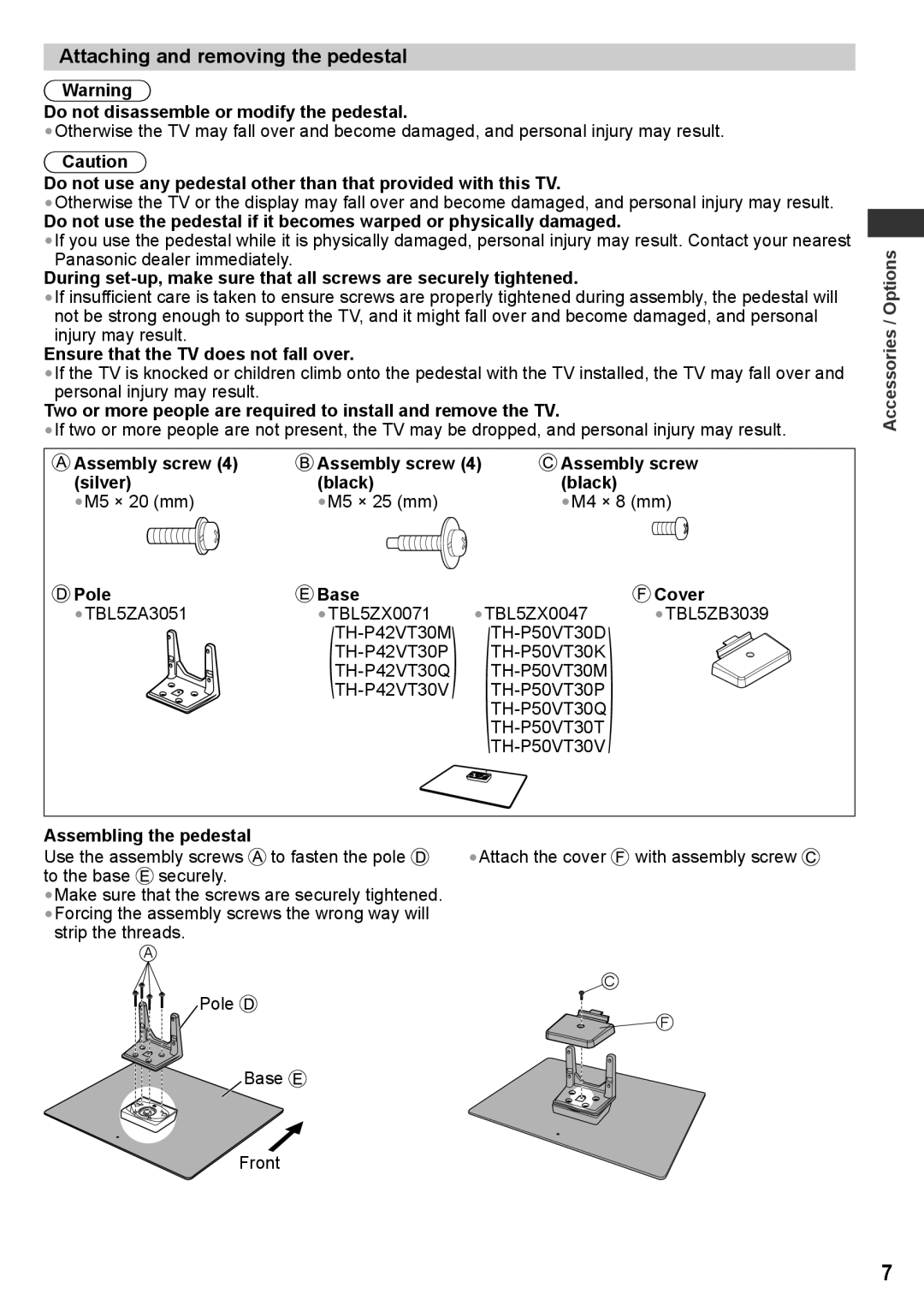 Panasonic TH-P42VT30M, TH-P50VT30T, TQB4TC0095, TH-P50VT30V, TH-P42VT30P, TH-P50VT30P Attaching and removing the pedestal 