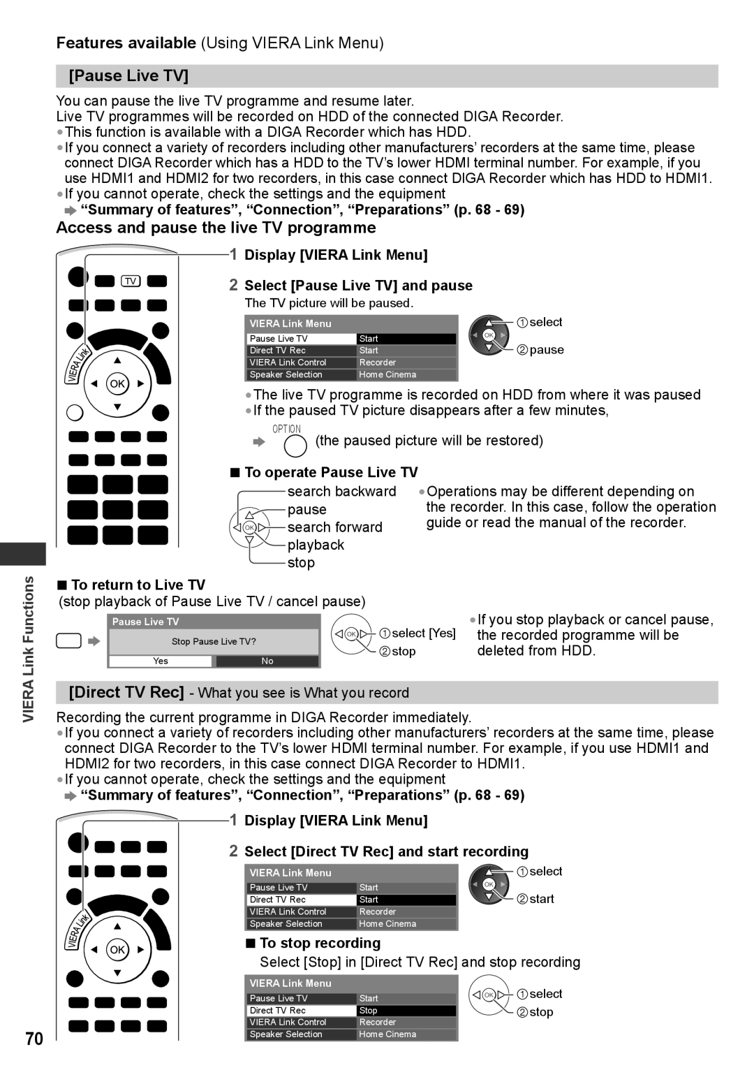 Panasonic TH-P50VT30P Pause Live TV, Access and pause the live TV programme, Display Viera Link Menu, To stop recording 