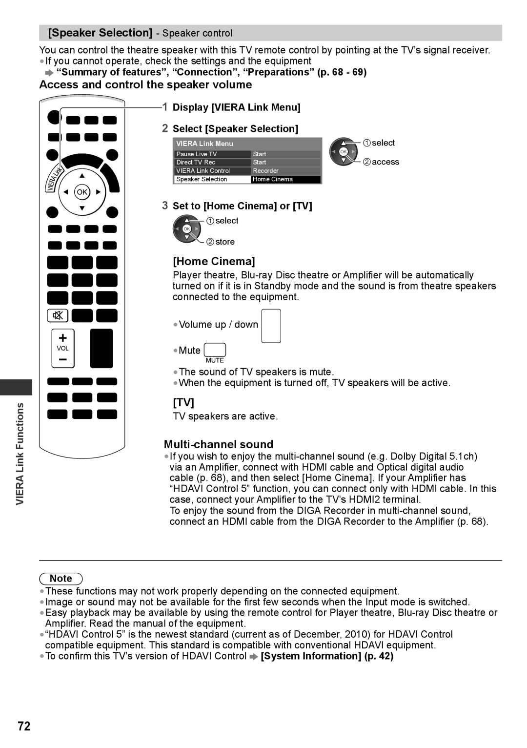 Panasonic TH-P50VT30D, TH-P50VT30T Speaker Selection Speaker control, Access and control the speaker volume, Home Cinema 