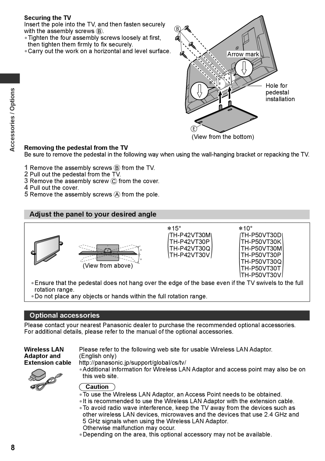 Panasonic TH-P50VT30Q, TH-P50VT30T, TQB4TC0095, TH-P50VT30V Adjust the panel to your desired angle, Optional accessories 