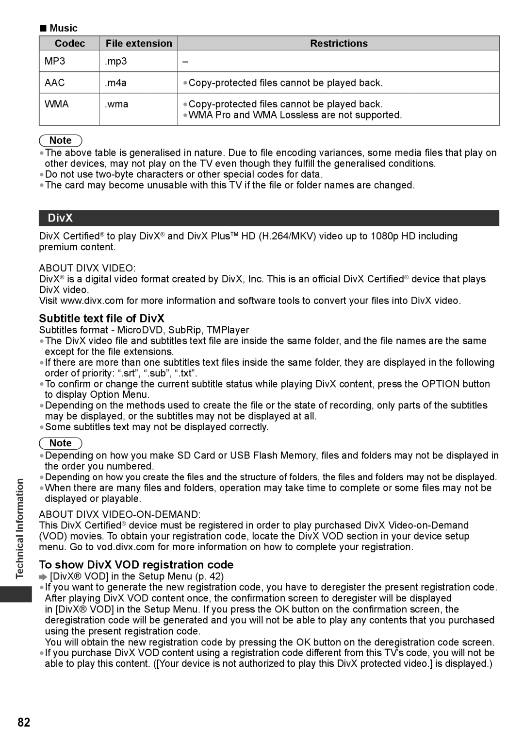 Panasonic TH-P50VT30K Subtitle text file of DivX, To show DivX VOD registration code, Music Codec, Restrictions 