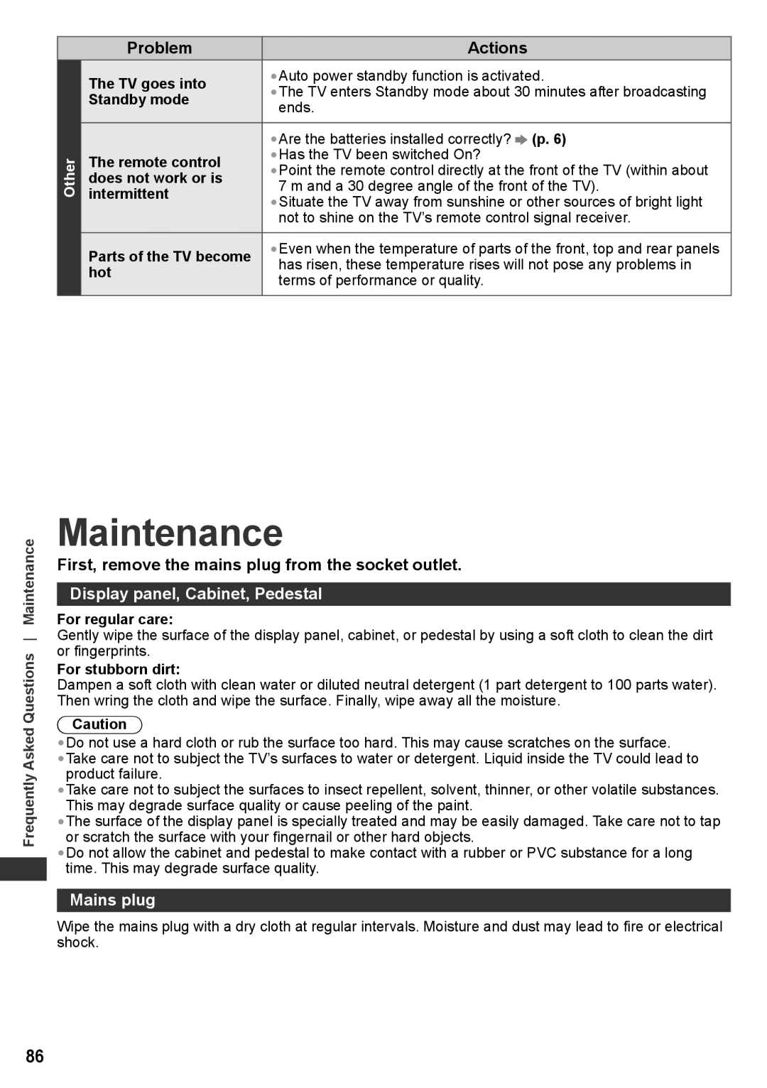 Panasonic TH-P42VT30Q Maintenance, First, remove the mains plug from the socket outlet, Display panel, Cabinet, Pedestal 