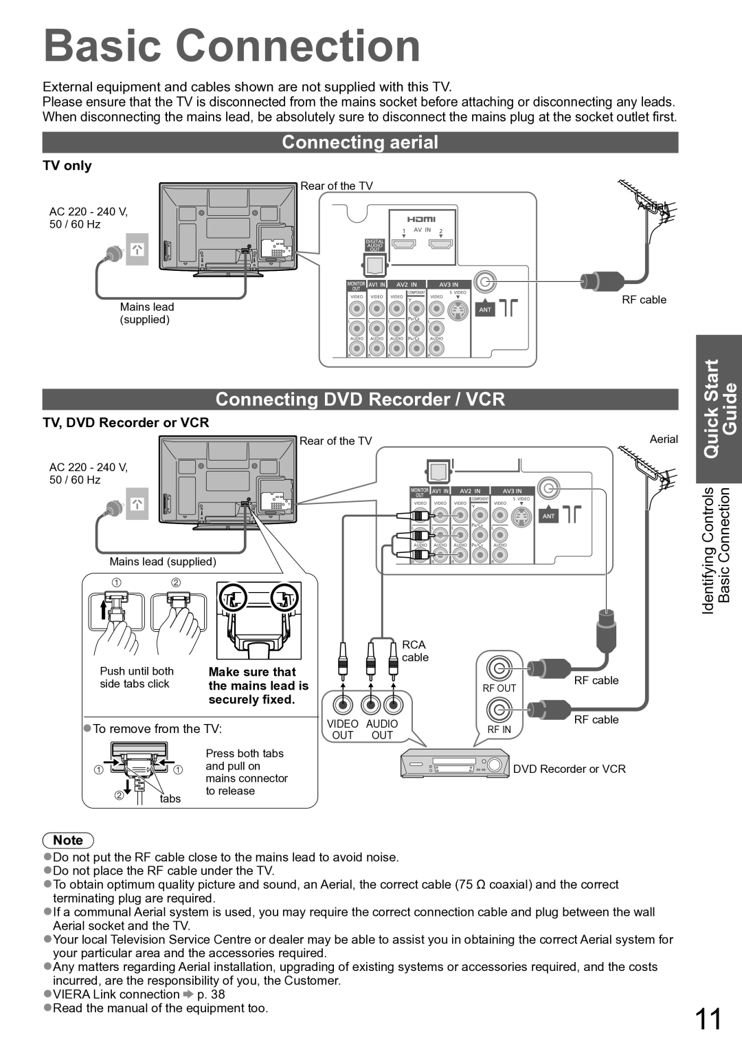 Panasonic TH-P42X10A Basic Connection, Connecting aerial, Connecting DVD Recorder / VCR, TV only, TV, DVD Recorder or VCR 