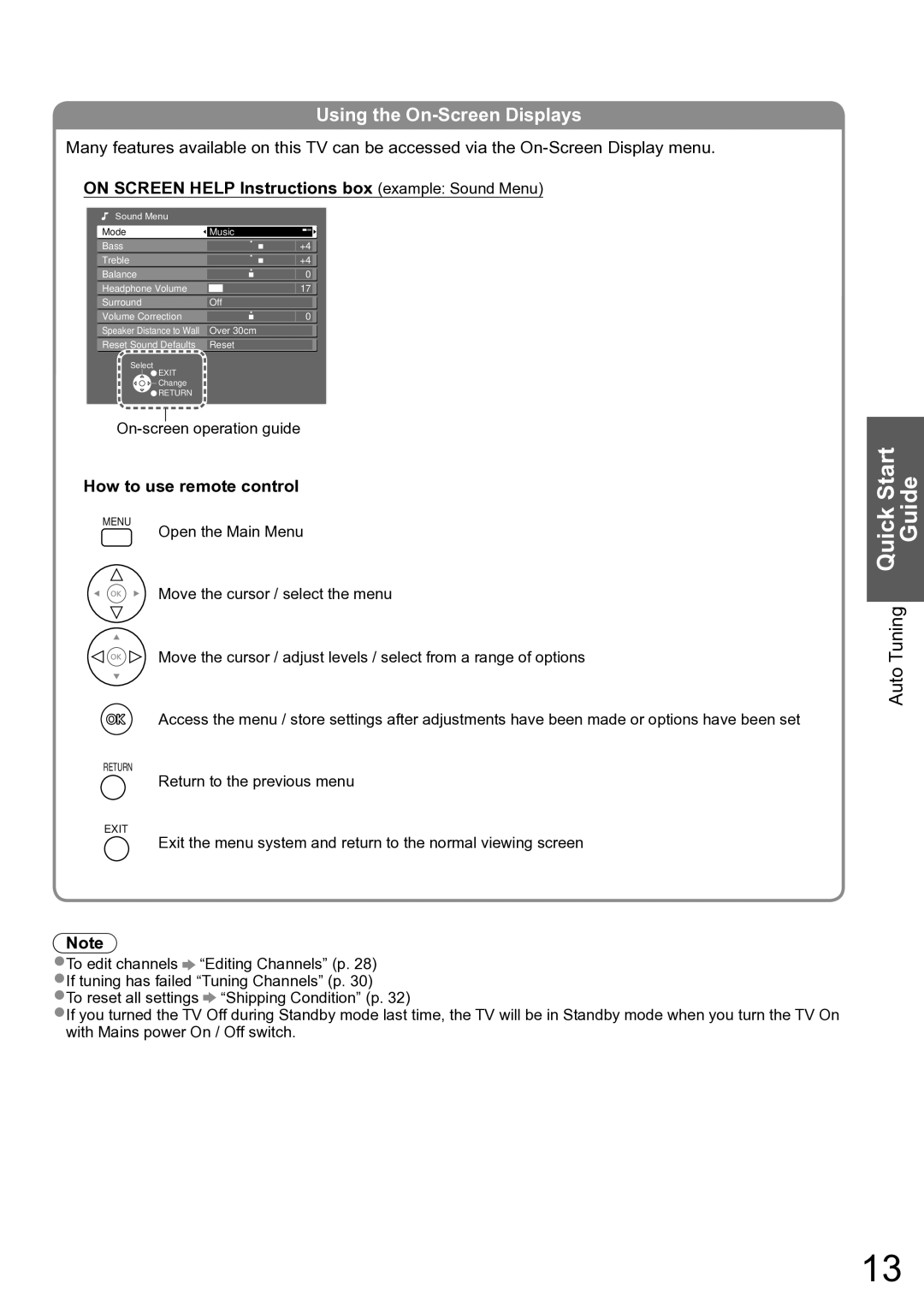 Panasonic TH-P42X10A Quick Start, Using the On-Screen Displays, On Screen Help Instructions box example Sound Menu 