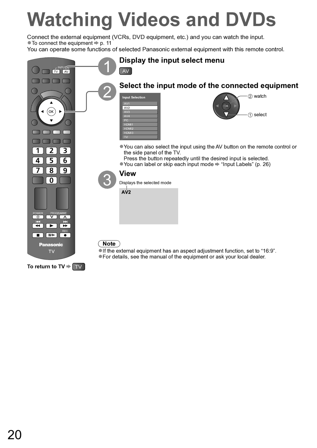 Panasonic TH-P50X10A, TH-P42X10A operating instructions Watching Videos and DVDs, View, To return to TV TV 