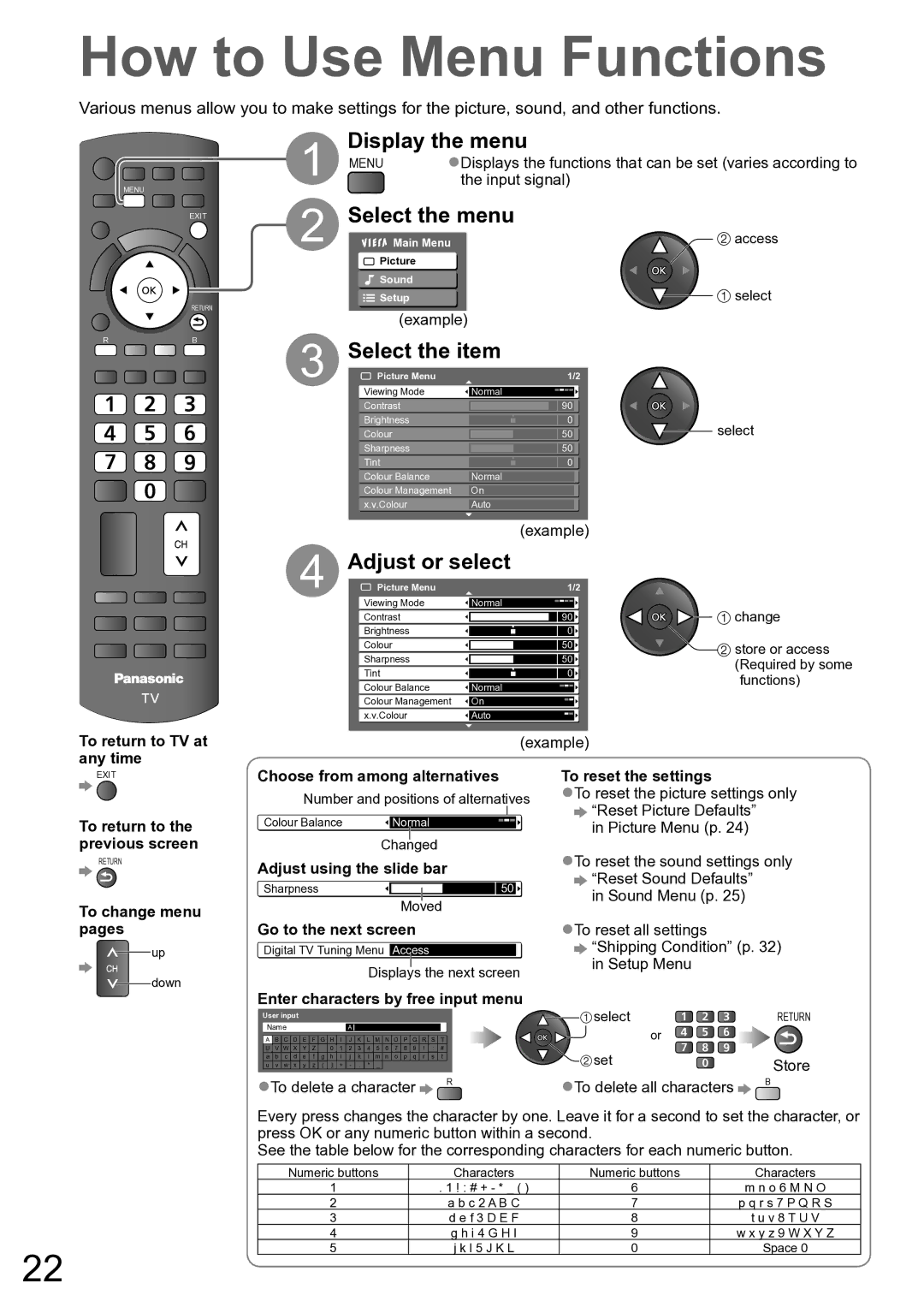 Panasonic TH-P50X10A How to Use Menu Functions, Display the menu, Select the menu, Select the item, Adjust or select 