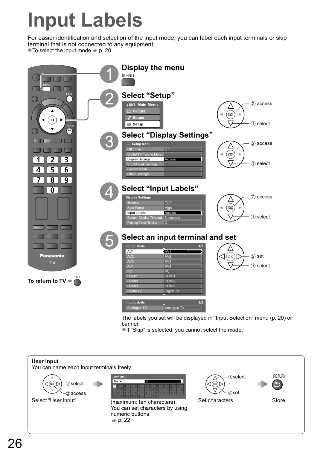 Panasonic TH-P50X10A Select Setup, Select Display Settings, Select Input Labels, Select an input terminal and set 