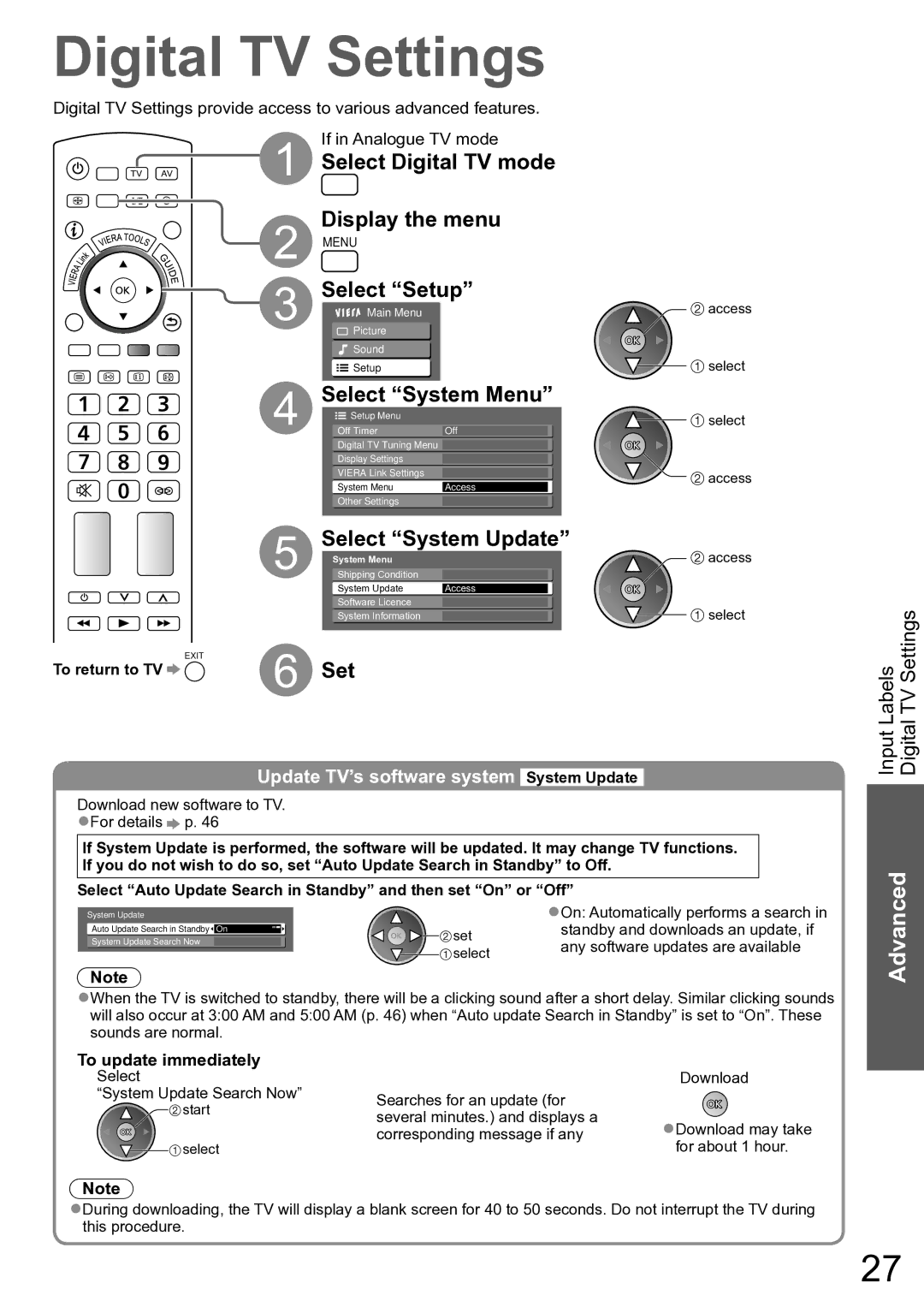 Panasonic TH-P42X10A Digital TV Settings, Select Digital TV mode, Display the menu, Select Setup, Select System Menu 