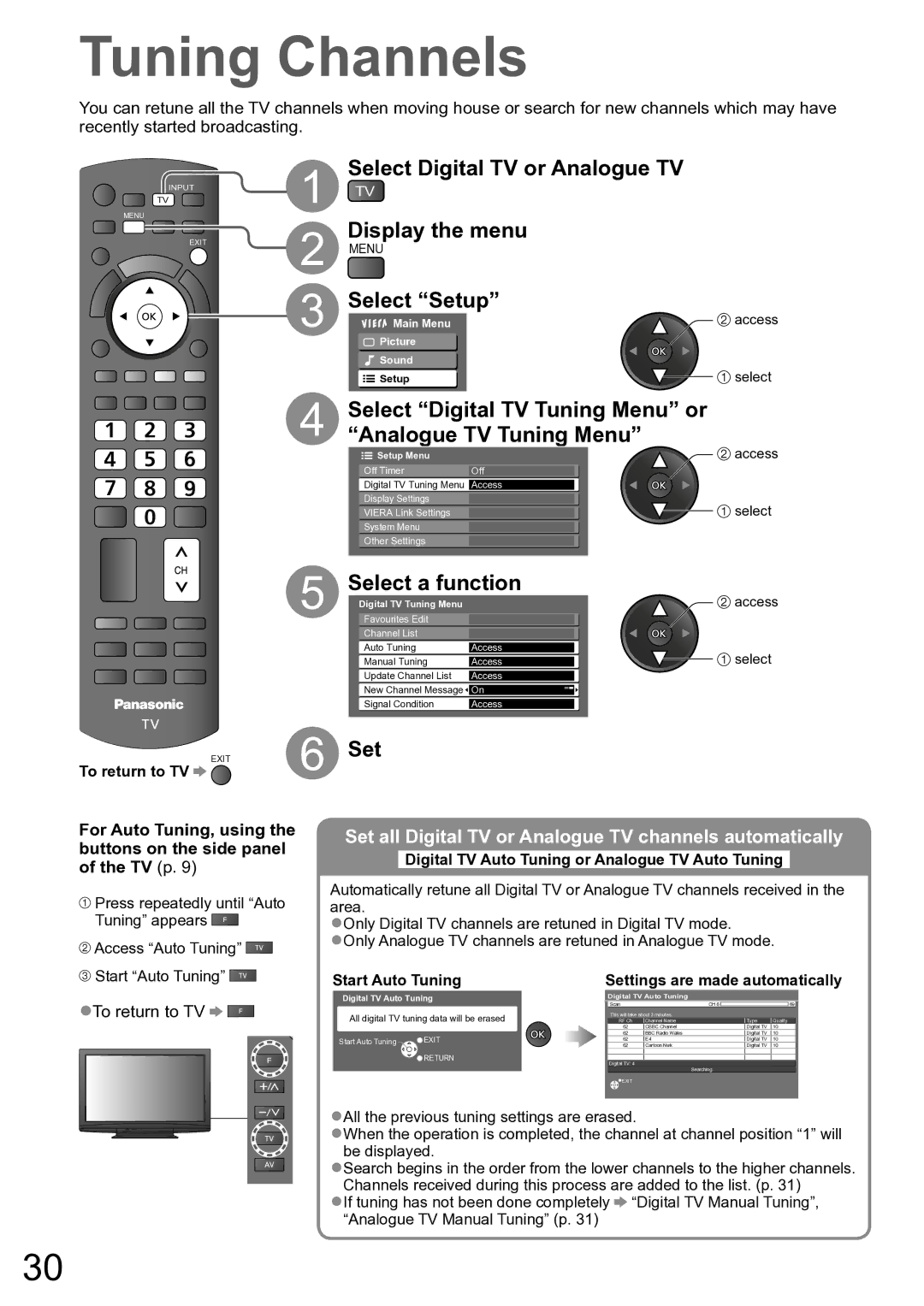 Panasonic TH-P50X10A, TH-P42X10A Tuning Channels, Select Digital TV or Analogue TV Display the menu, Select a function 