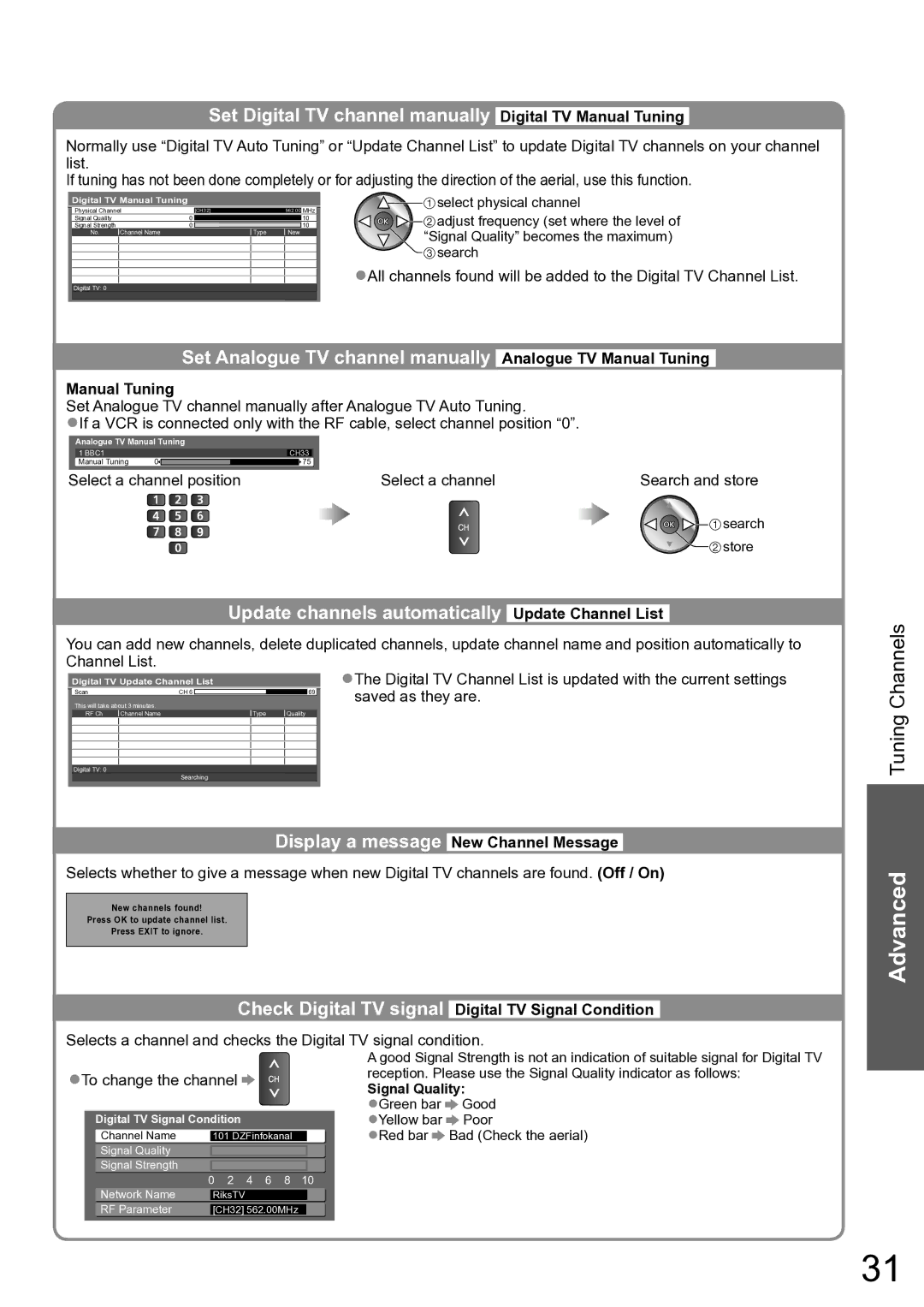 Panasonic TH-P42X10A, TH-P50X10A operating instructions Set Digital TV channel manually Digital TV Manual Tuning 