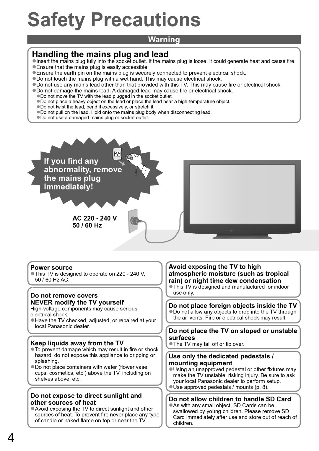 Panasonic TH-P50X10A, TH-P42X10A Safety Precautions, This TV is designed to operate on 220 240 V, 50 / 60 Hz AC 