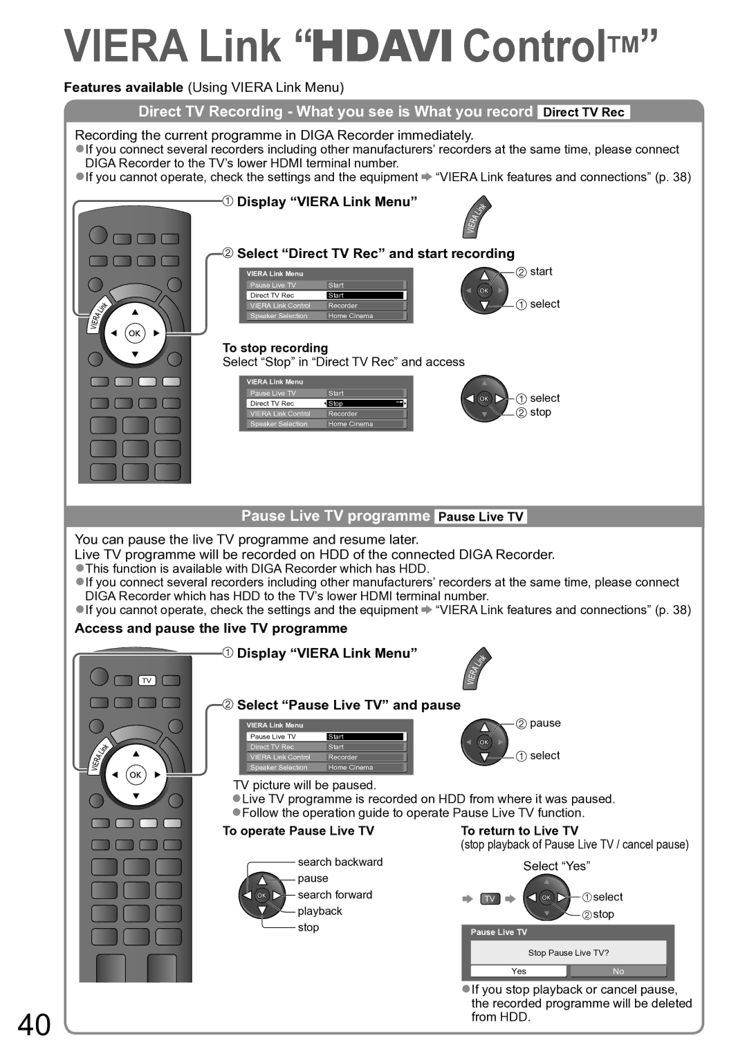 Panasonic TH-P50X10A, TH-P42X10A Pause Live TV programme Pause Live TV, Display Viera Link Menu, Select Yes 