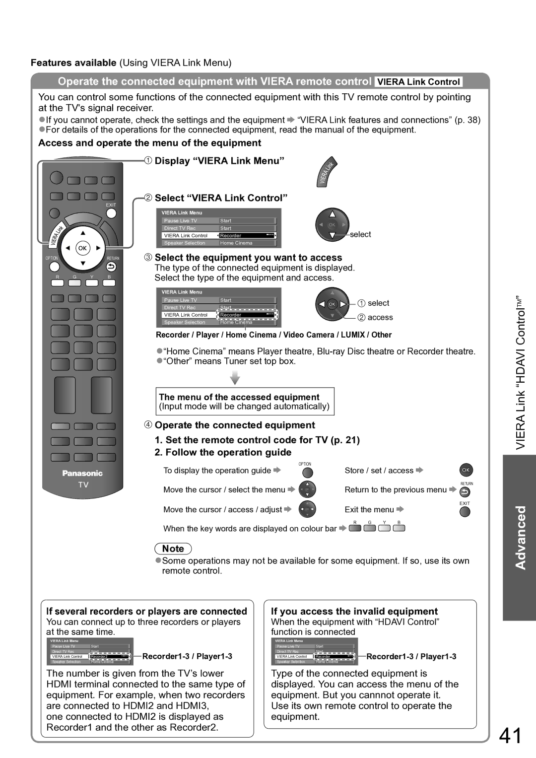 Panasonic TH-P42X10A Select Viera Link Control, Select the equipment you want to access, Menu of the accessed equipment 