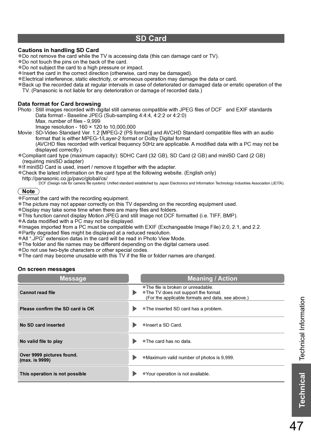 Panasonic TH-P42X10A, TH-P50X10A SD Card, Message Meaning / Action, Data format for Card browsing, On screen messages 