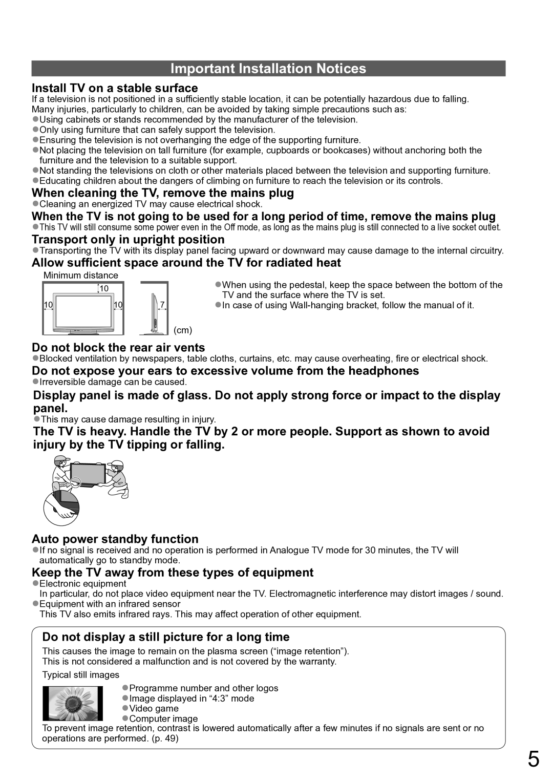 Panasonic TH-P42X10A, TH-P50X10A operating instructions Important Installation Notices 