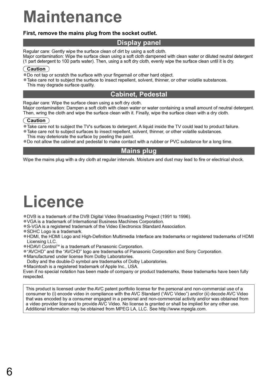 Panasonic TH-P50X10A, TH-P42X10A operating instructions Maintenance, Licence, Display panel, Cabinet, Pedestal, Mains plug 