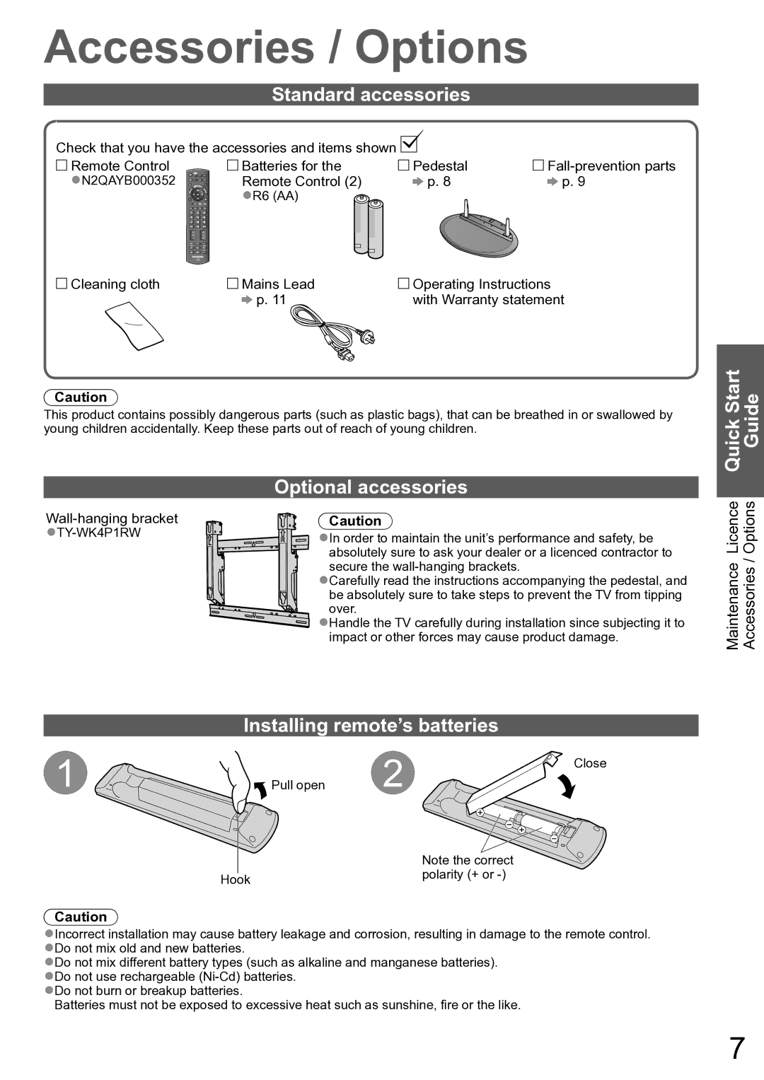 Panasonic TH-P42X10A, TH-P50X10A Accessories / Options, Standard accessories, Quick Start Guide, Optional accessories 