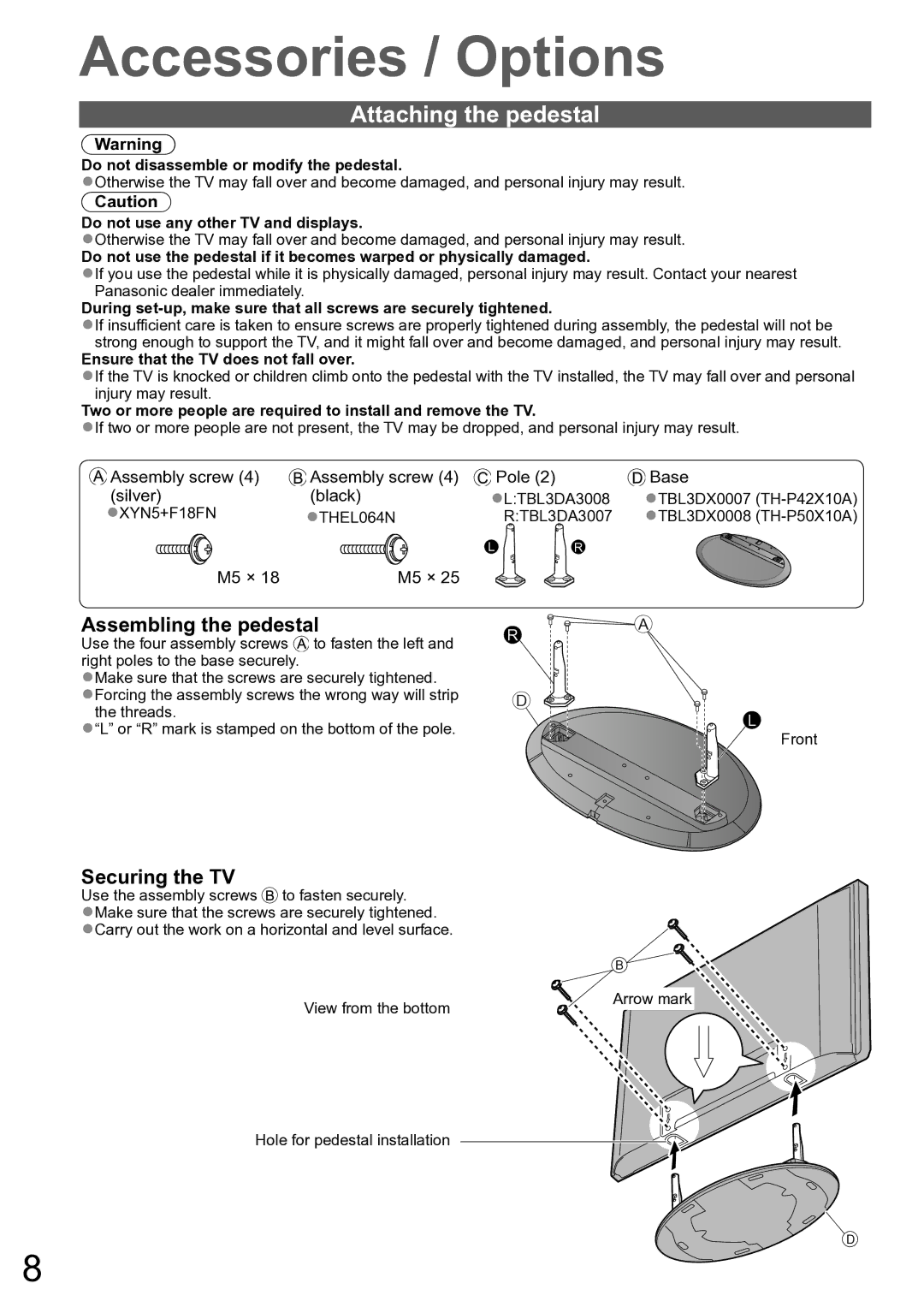 Panasonic TH-P50X10A, TH-P42X10A operating instructions Attaching the pedestal, Assembling the pedestal, Securing the TV 