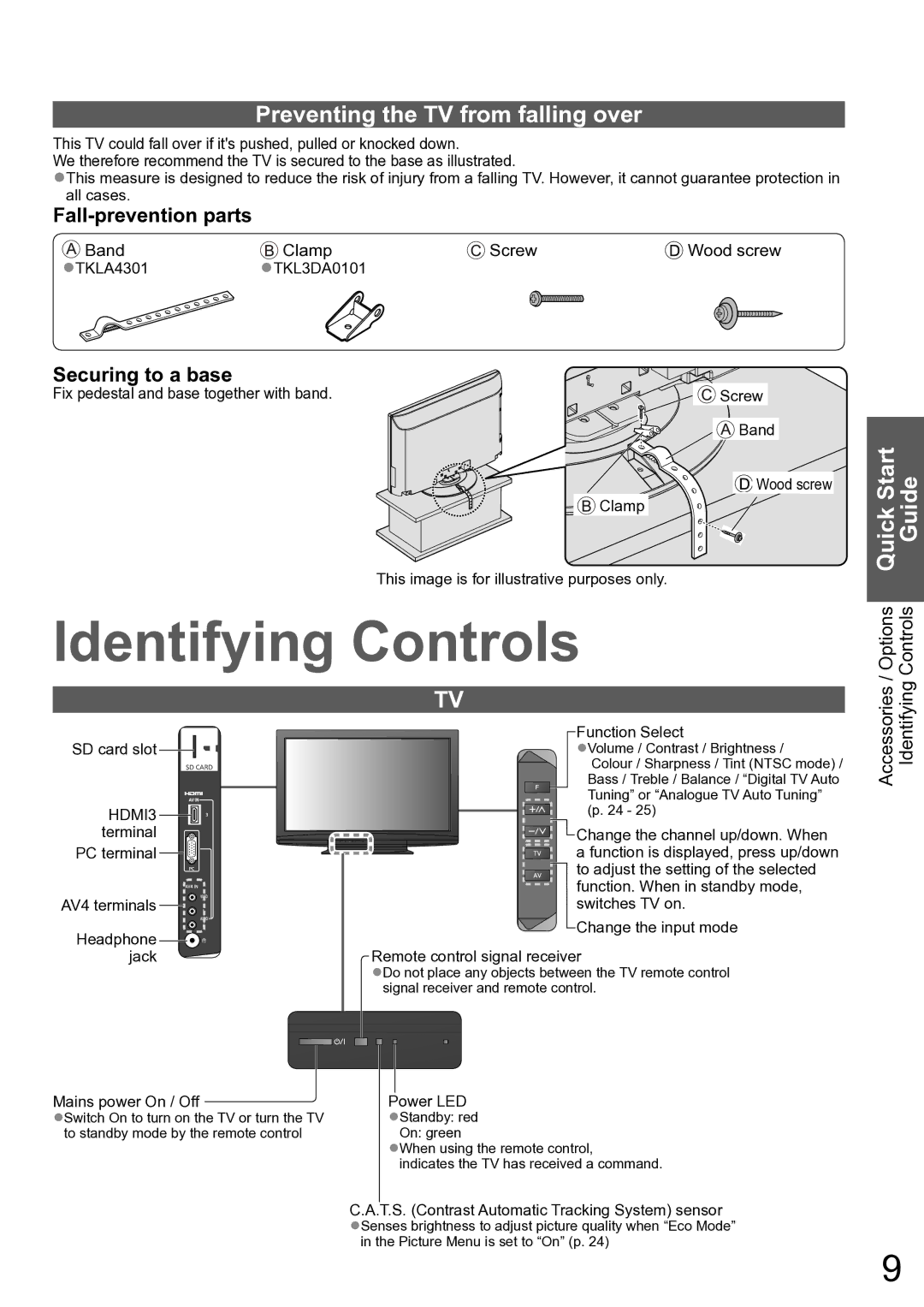 Panasonic TH-P42X10A Identifying Controls, Preventing the TV from falling over, Fall-prevention parts, Securing to a base 