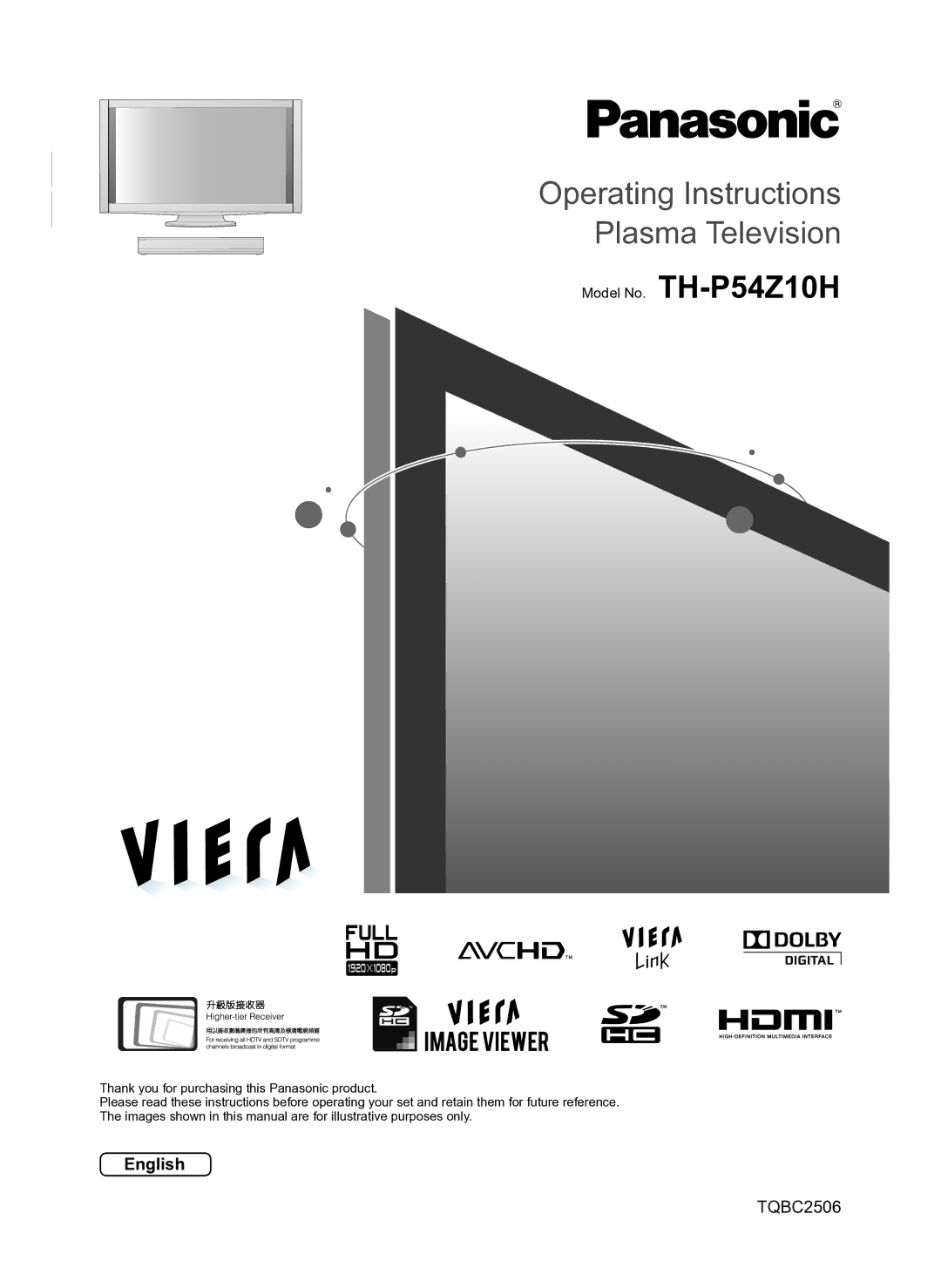 Panasonic manual Operating Instructions Plasma Television, Model No. TH-P54Z10H 