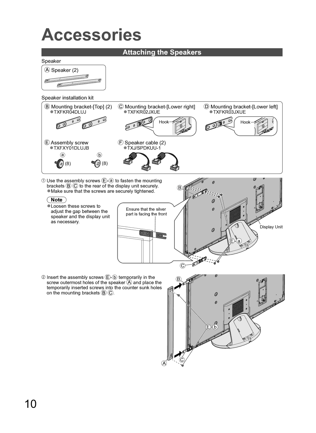 Panasonic TH-P54Z10H manual Attaching the Speakers, Adjust the gap between, Speaker and the display unit 