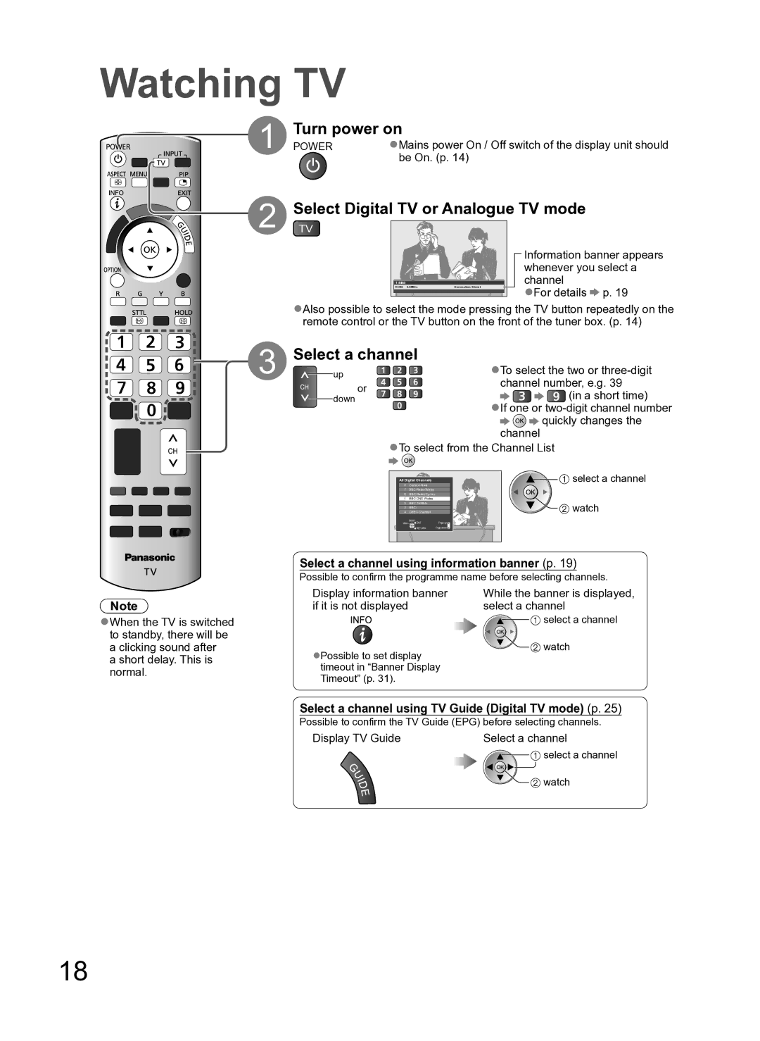 Panasonic TH-P54Z10H manual Watching TV, Turn power on, Select a channel using information banner p 