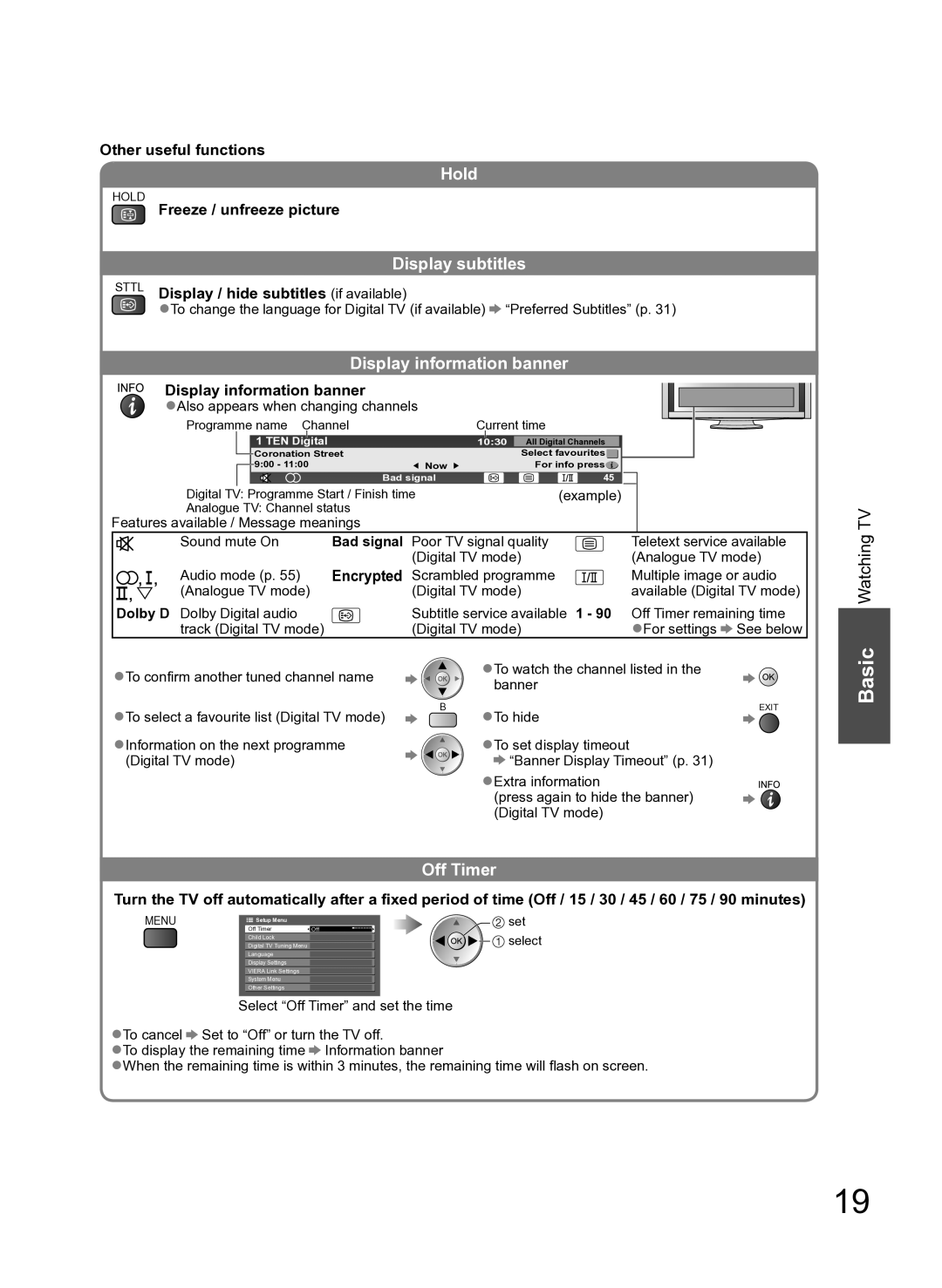 Panasonic TH-P54Z10H manual Hold, Display subtitles, Display information banner, Off Timer 