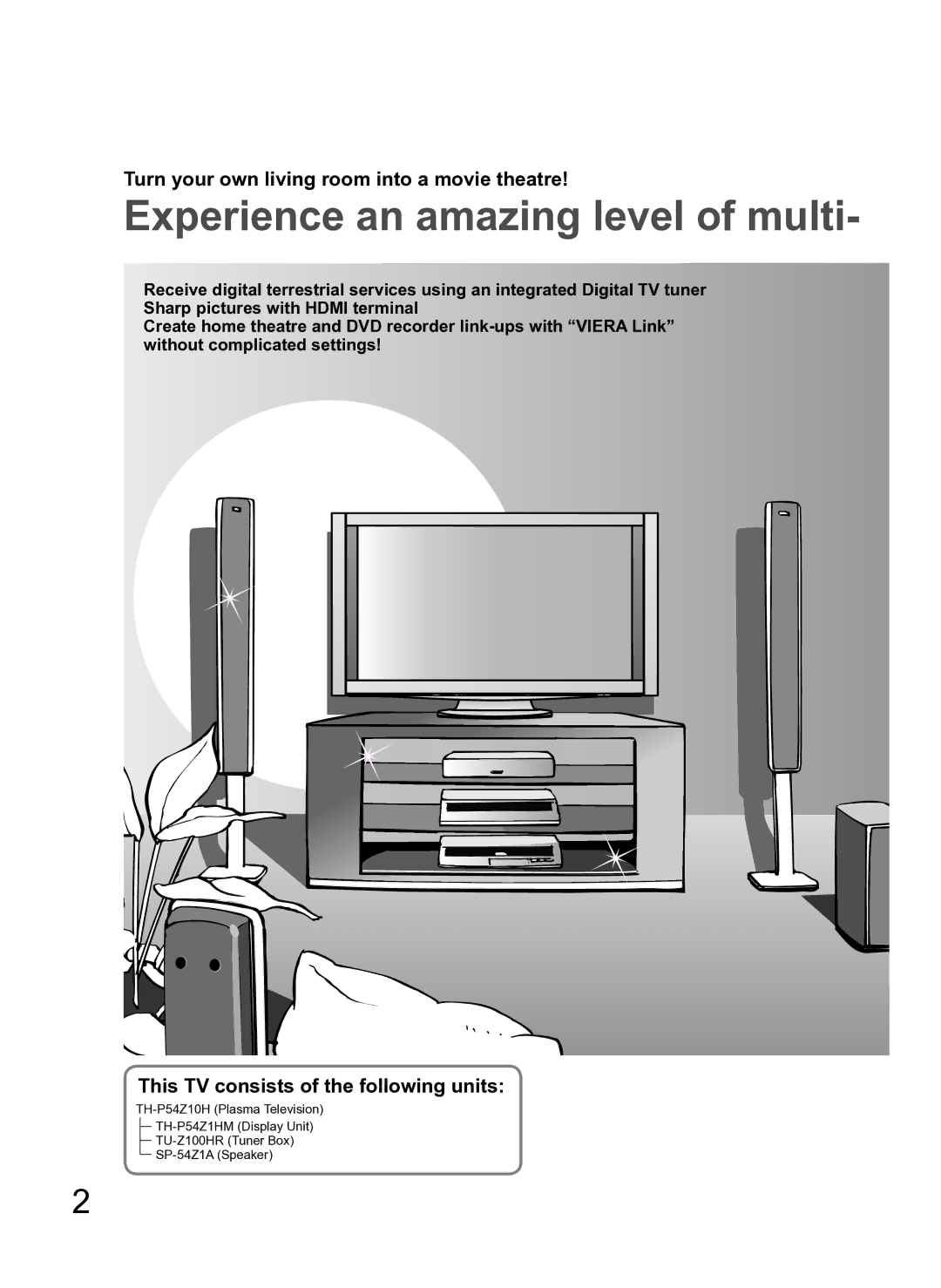 Panasonic TH-P54Z10H manual Turn your own living room into a movie theatre, This TV consists of the following units 