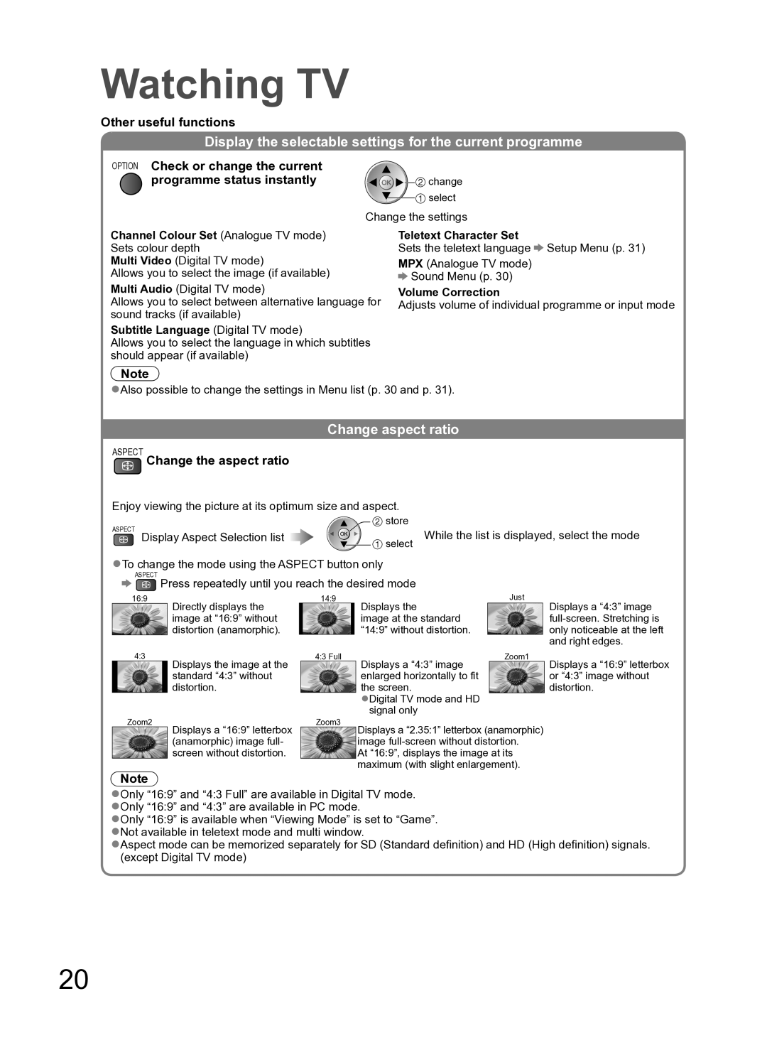 Panasonic TH-P54Z10H manual Display the selectable settings for the current programme, Change aspect ratio 