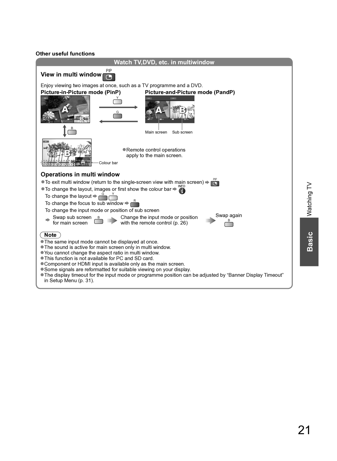 Panasonic TH-P54Z10H Watch TV,DVD, etc. in multiwindow, Remote control operations apply to the main screen, Swap again 