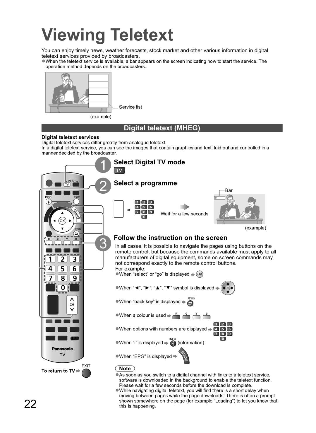 Panasonic TH-P54Z10H manual Viewing Teletext, Digital teletext Mheg, Select Digital TV mode Select a programme 