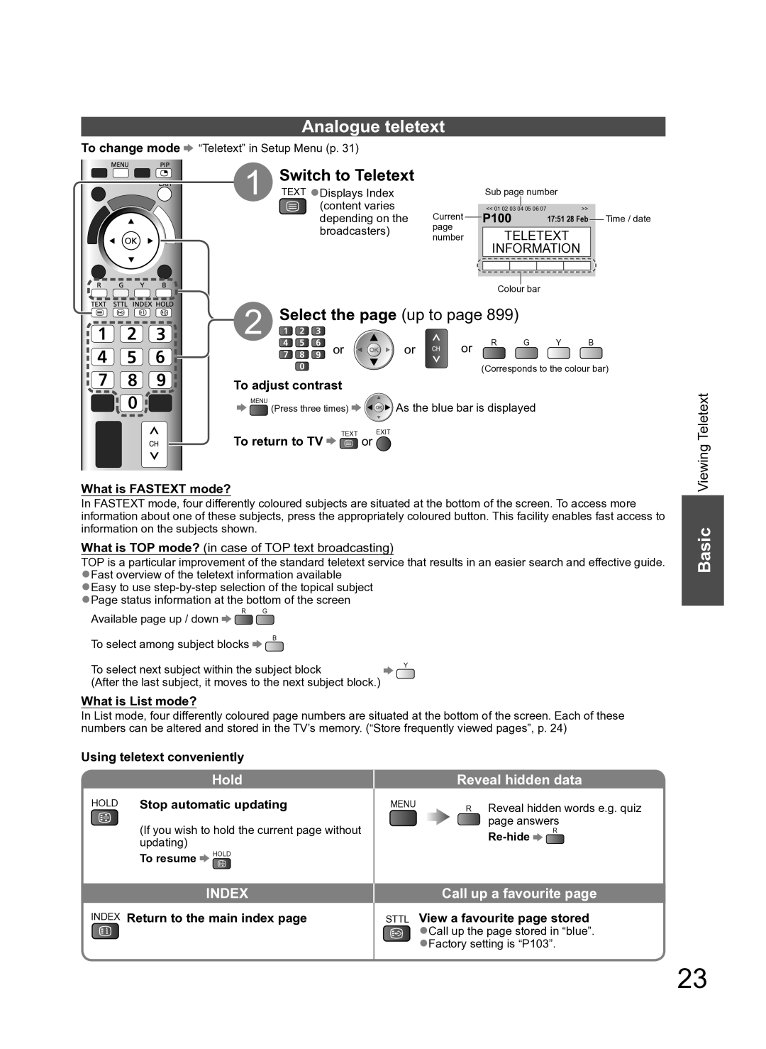 Panasonic TH-P54Z10H manual Analogue teletext, Select the page up to, Reveal hidden data, Call up a favourite 