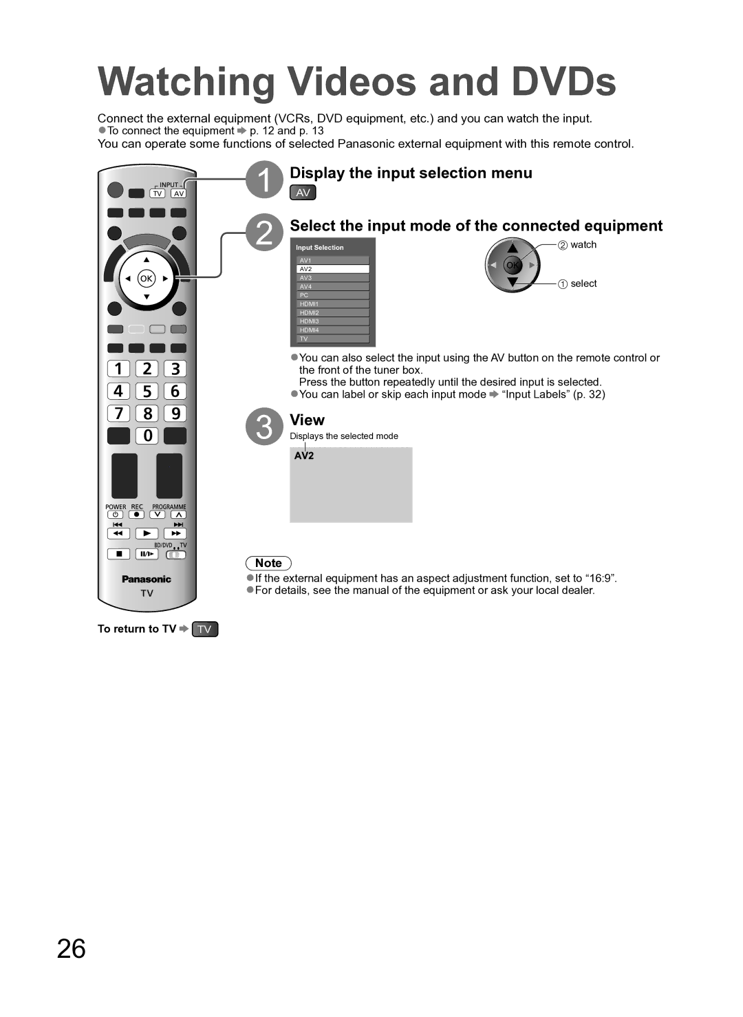 Panasonic TH-P54Z10H manual Watching Videos and DVDs, View, To return to TV TV 