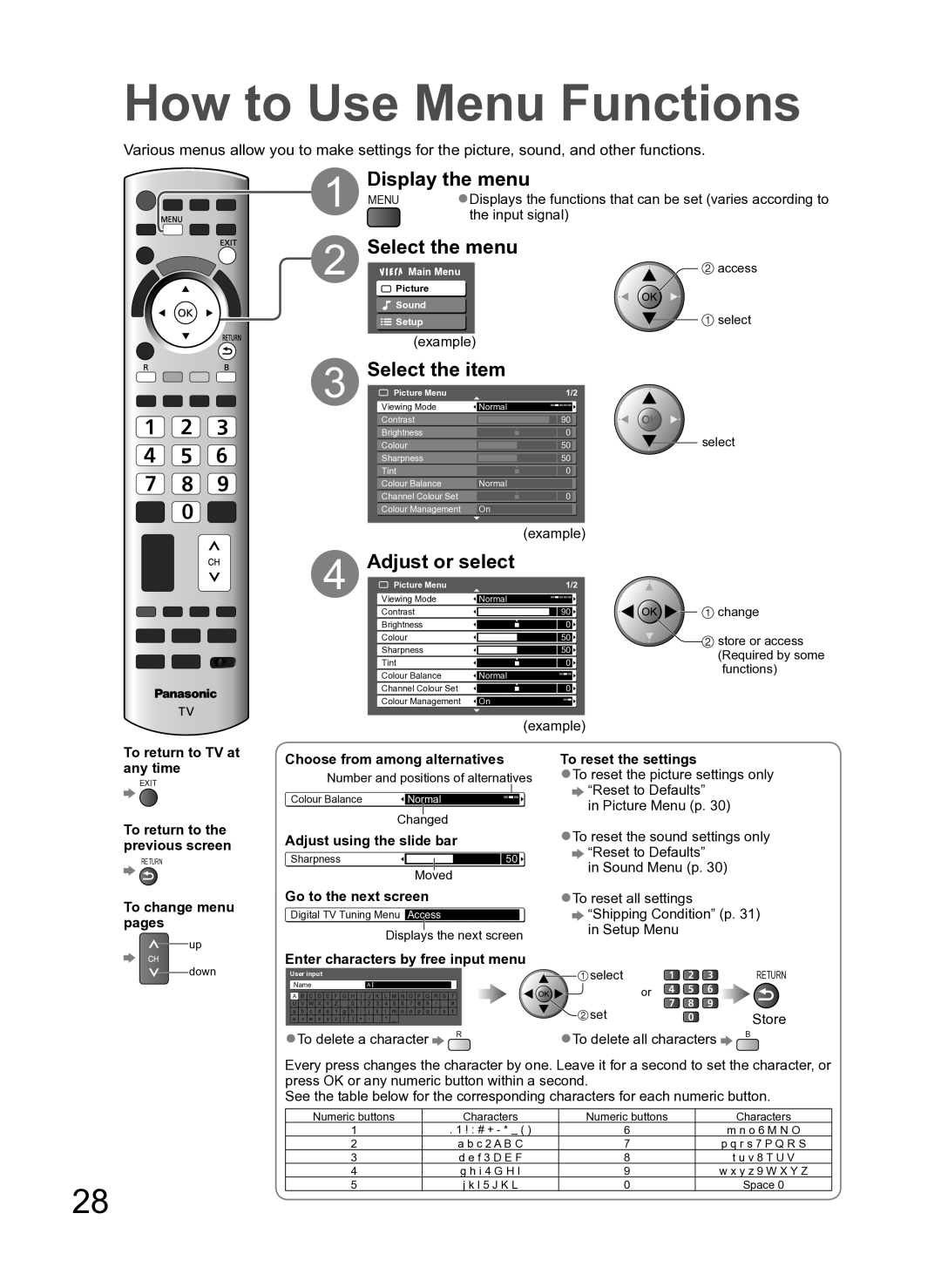 Panasonic TH-P54Z10H manual How to Use Menu Functions, Display the menu, Select the menu, Select the item, Adjust or select 