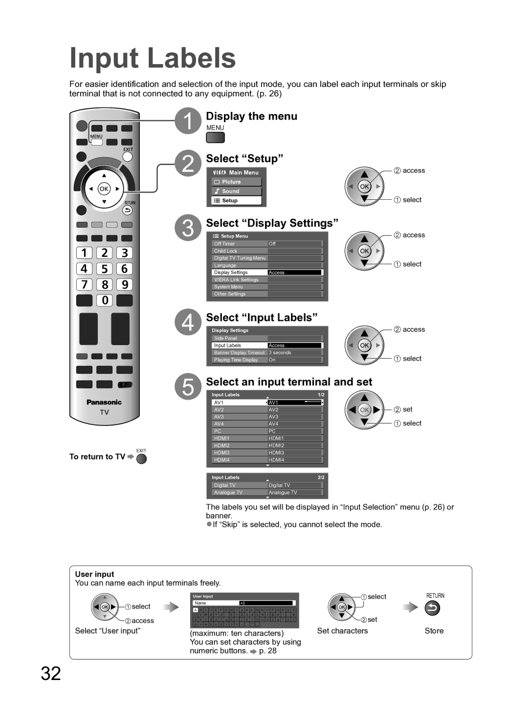 Panasonic TH-P54Z10H Select Setup, Select Display Settings, Select Input Labels, Select an input terminal and set 