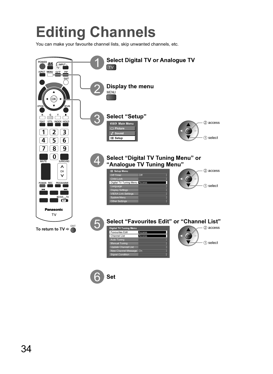 Panasonic TH-P54Z10H Editing Channels, Select Digital TV or Analogue TV Display the menu, Select Digital TV Tuning Menu or 