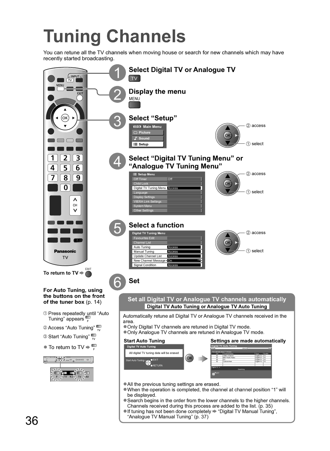 Panasonic TH-P54Z10H manual Tuning Channels, Digital TV or Analogue TV, Menu Select Setup, Analogue TV Tuning Menu 