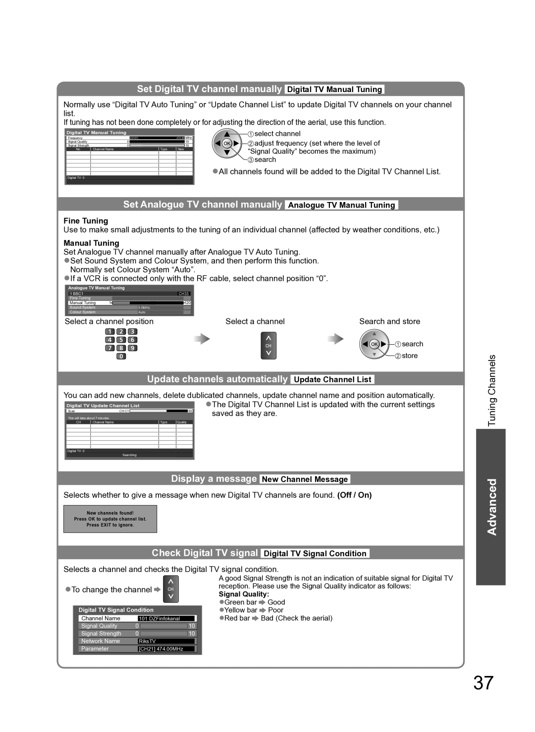 Panasonic TH-P54Z10H Set Digital TV channel manually Digital TV Manual Tuning, Update channels automatically 