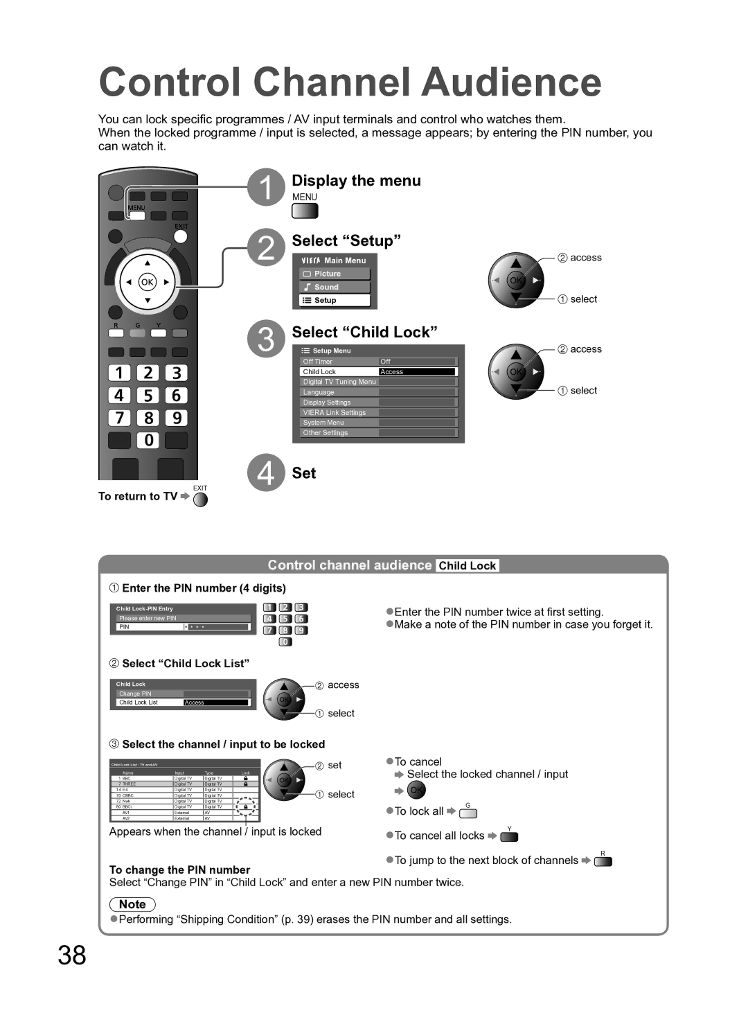 Panasonic TH-P54Z10H manual Control Channel Audience, Select Child Lock, Control channel audience Child Lock 