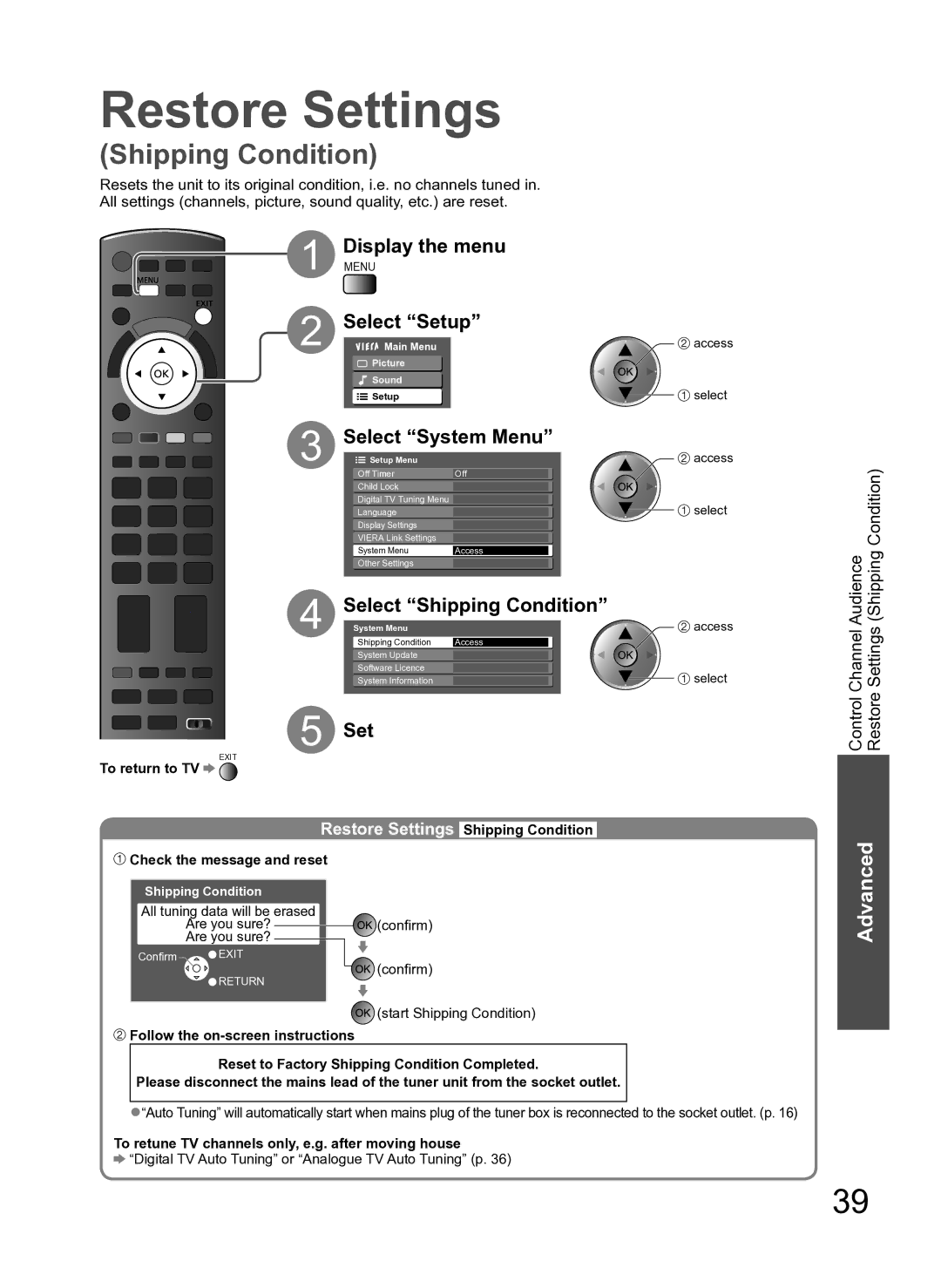 Panasonic TH-P54Z10H Restore Settings, Select Shipping Condition, To retune TV channels only, e.g. after moving house 