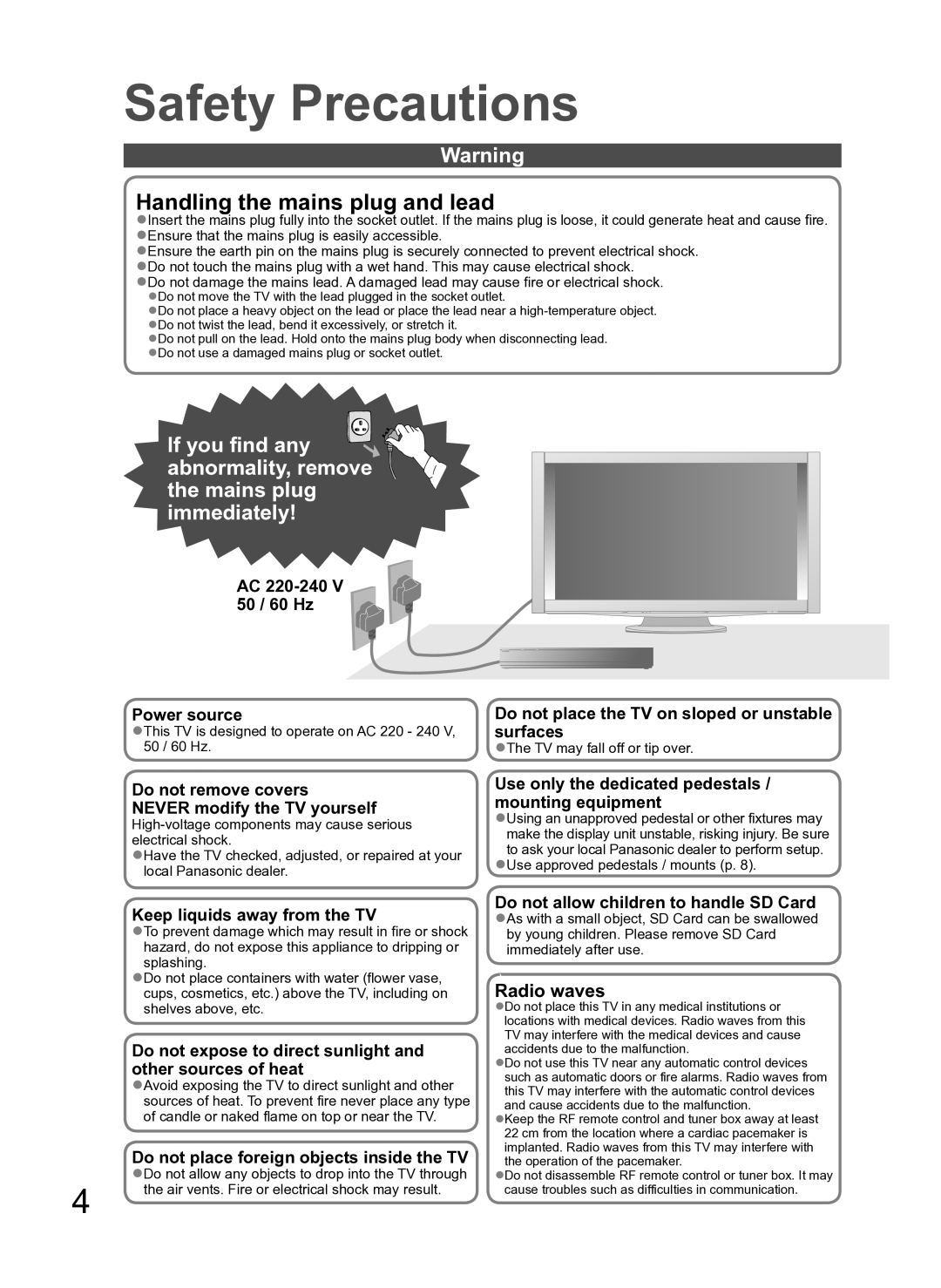 Panasonic TH-P54Z10H manual Safety Precautions, This TV is designed to operate on AC 220 240 V, 50 / 60 Hz 