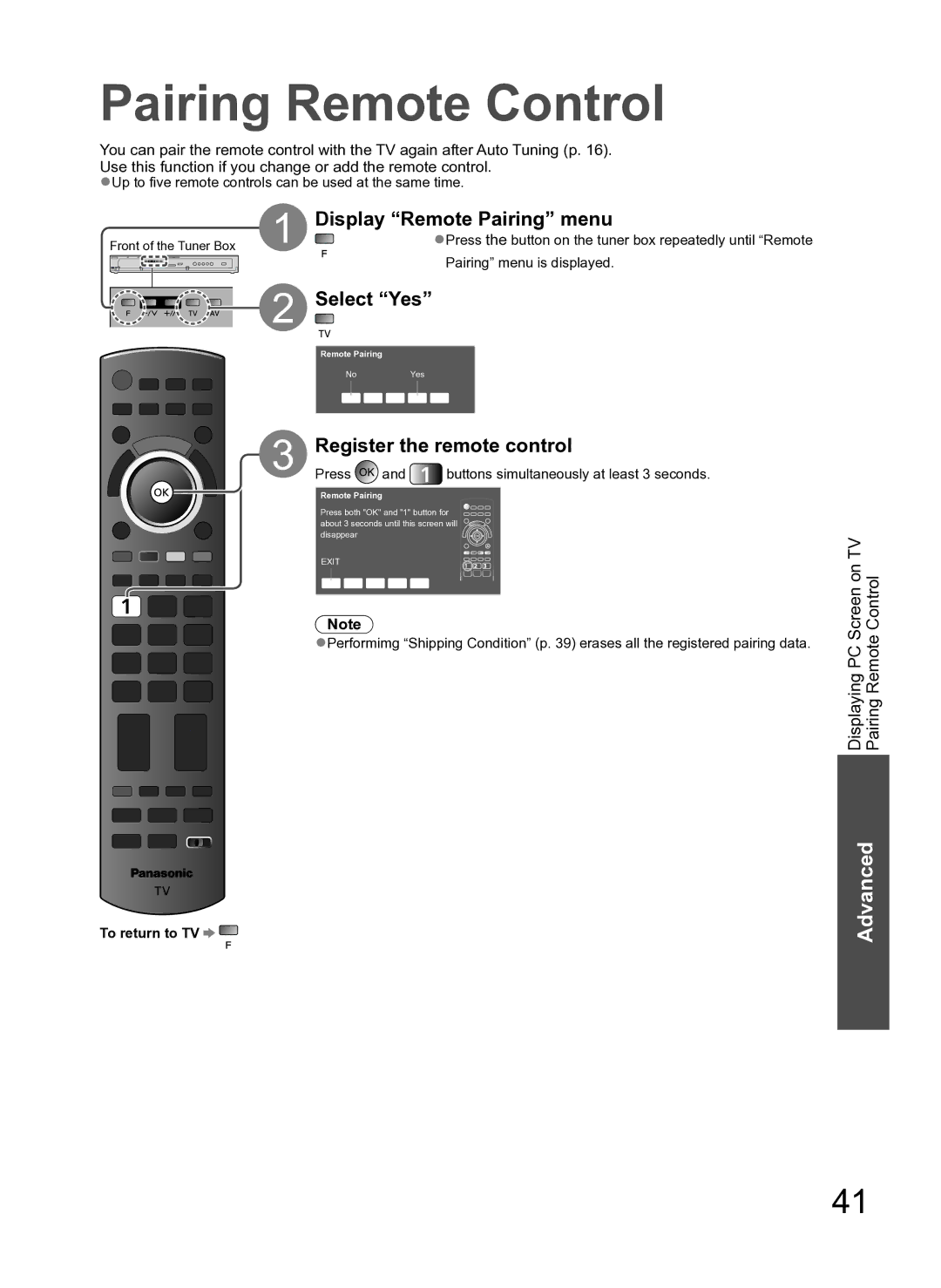 Panasonic TH-P54Z10H manual Pairing Remote Control, Display Remote Pairing menu, Select Yes, Register the remote control 