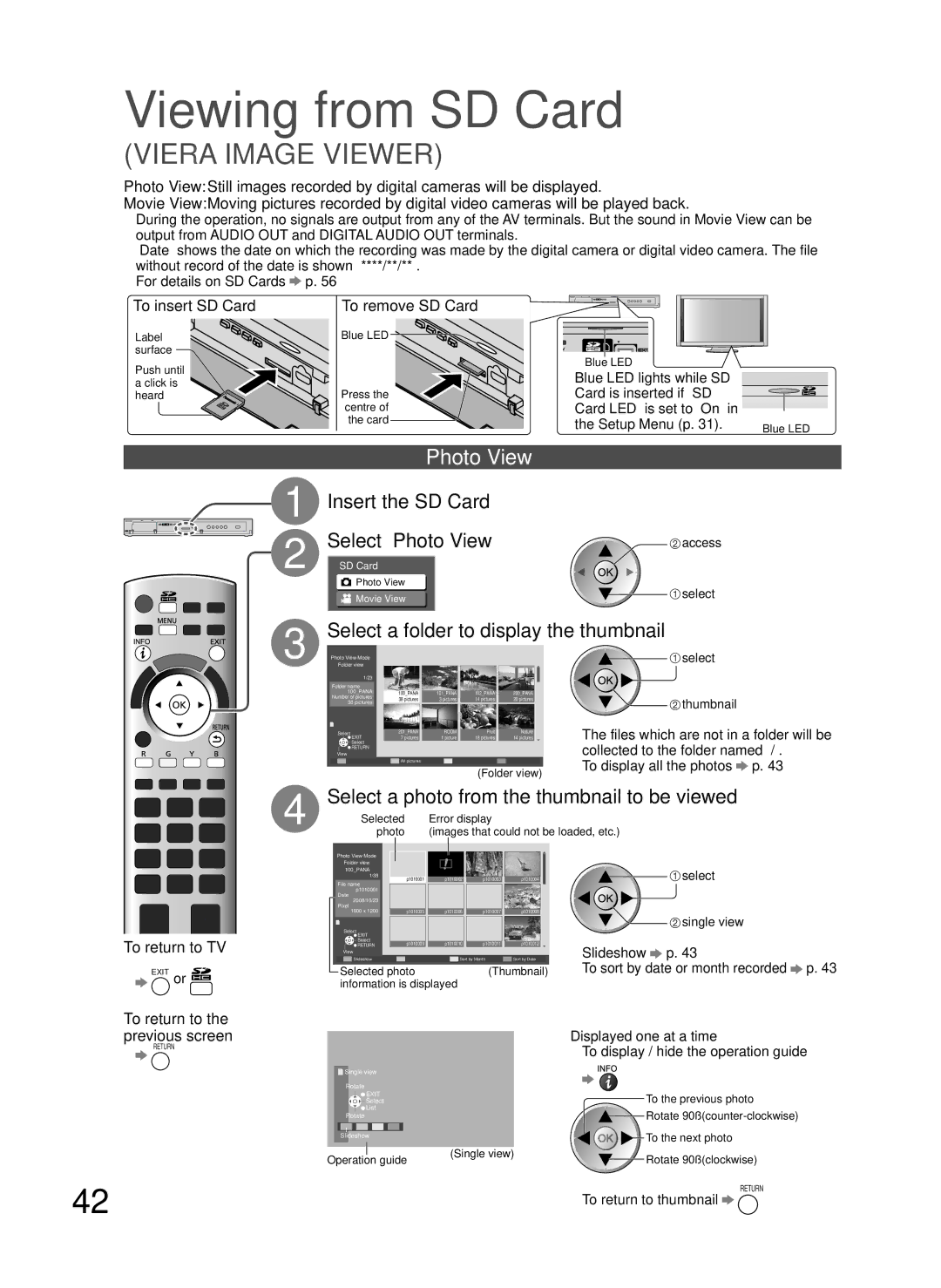 Panasonic TH-P54Z10H manual Viewing from SD Card, Insert the SD Card Select Photo View 