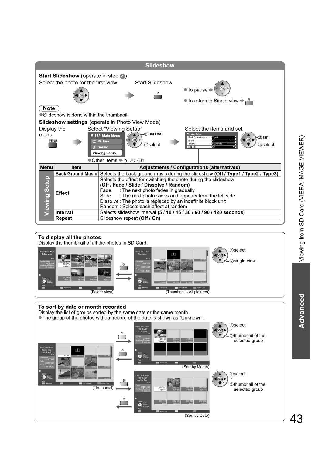 Panasonic TH-P54Z10H Start Slideshow operate in step, To display all the photos, To sort by date or month recorded 